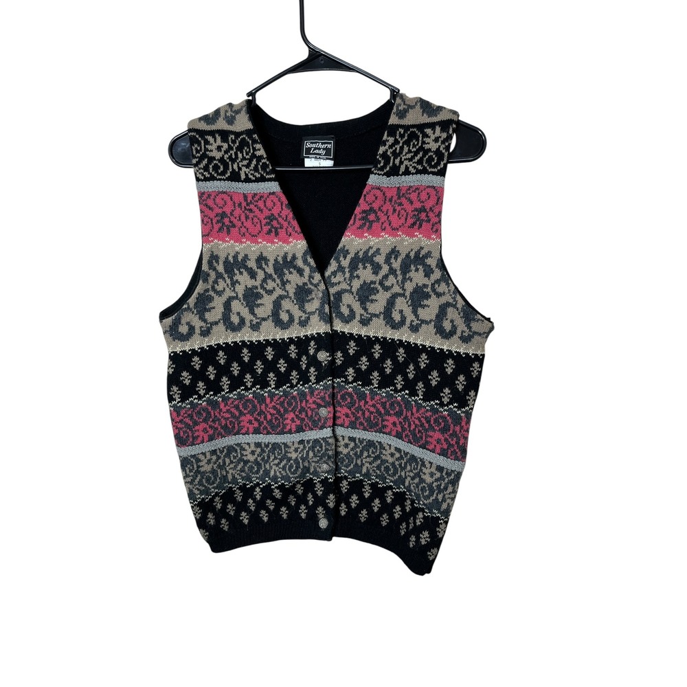 Vintage Southern Lady Knit Sweater Vest Sleeveless 100% Acrylic Black Pink Beige